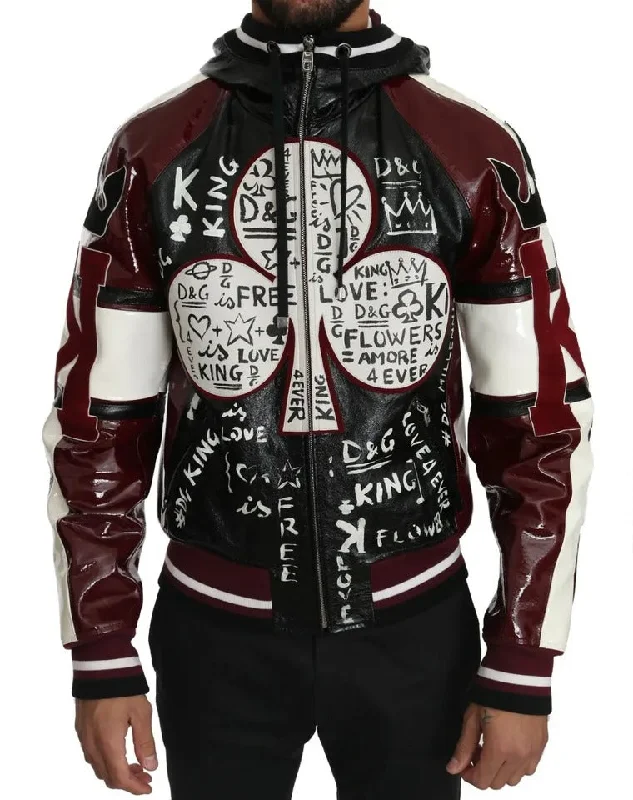 Black Bordeaux Hooded Leather Dg King Of Love Jacket Front Pockets Side Pockets Patch Pockets Black Bordeaux Hooded Leather Dg King Of Love Jacket Front Pockets Side Pockets Patch Pockets