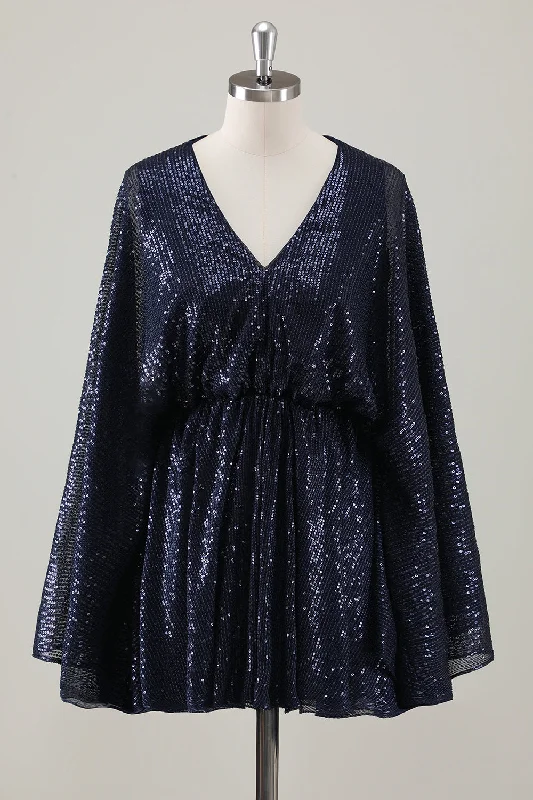 Sparkly Navy Short A-Line Holiday Party Dress with Long Sleeves Tunics Exclusive limited