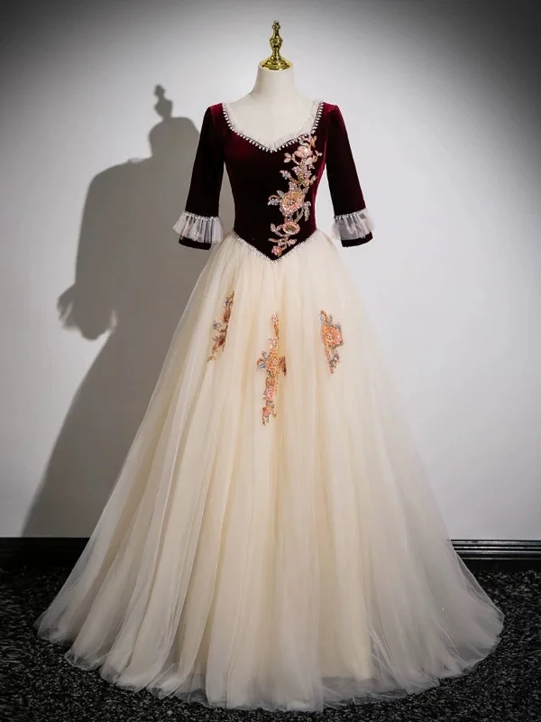 Lovely Champagne Tulle and Wine Red Velvet Top Party Dress, Long Prom Dress Tunics Brand named Lovely Champagne Tulle and Wine Red Velvet Top Party Dress, Long Prom Dress Tunics Brand named