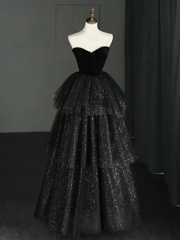 Black Sweetheart Tulle and Velvet Layers Prom Dress, Black Floor Length Party Dress Tunics Office stylish Black Sweetheart Tulle and Velvet Layers Prom Dress, Black Floor Length Party Dress Tunics Office stylish