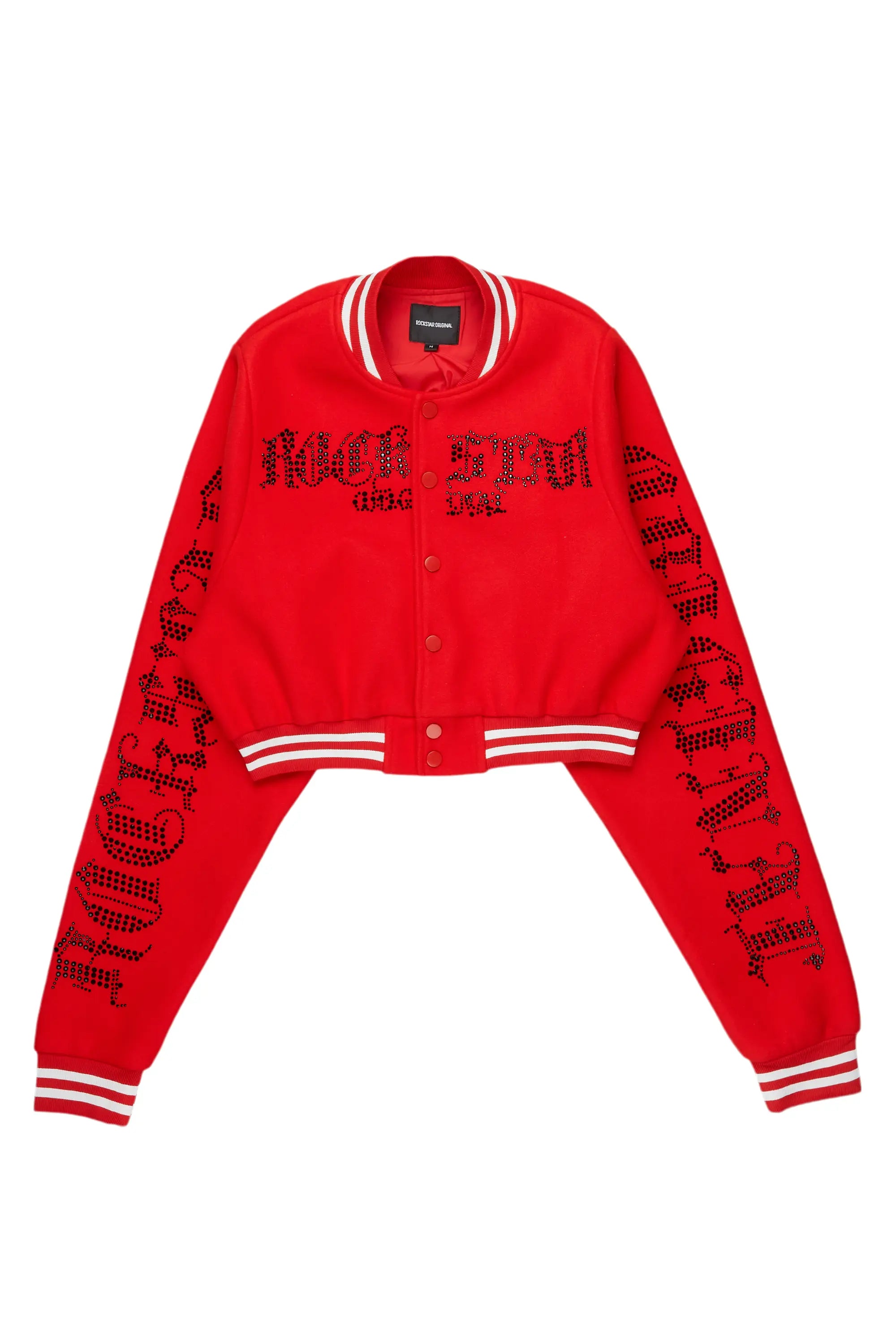 Gianni Red Crop Rhinestone Varsity Jacket A-Line Jacket Boat Neck Shawl Collar