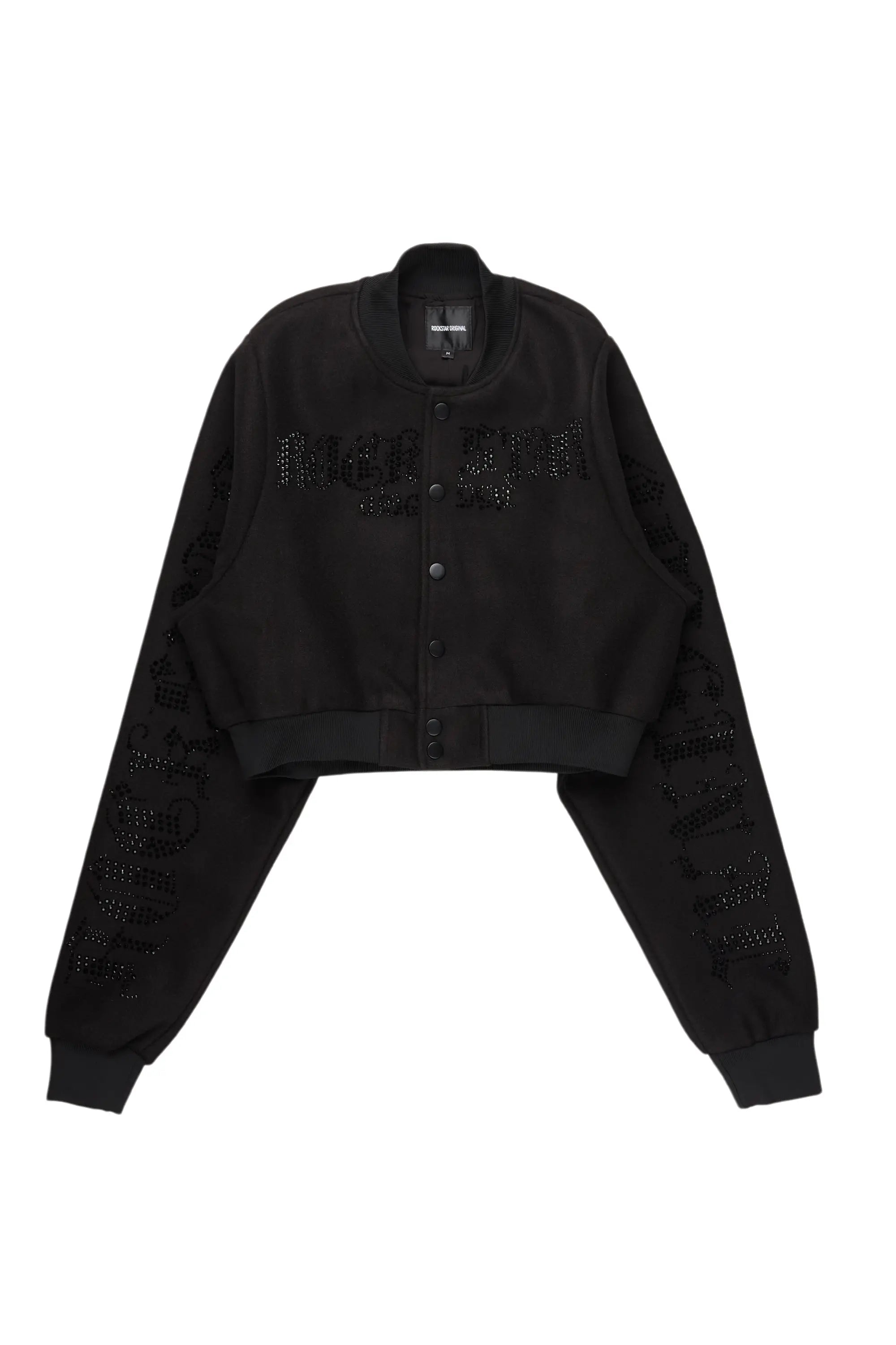 Gianni Black/Black Crop Rhinestone Varsity Jacket Ribbed Jacket Pleated Jacket Ruffled Jacket Gianni Black/Black Crop Rhinestone Varsity Jacket Ribbed Jacket Pleated Jacket Ruffled Jacket