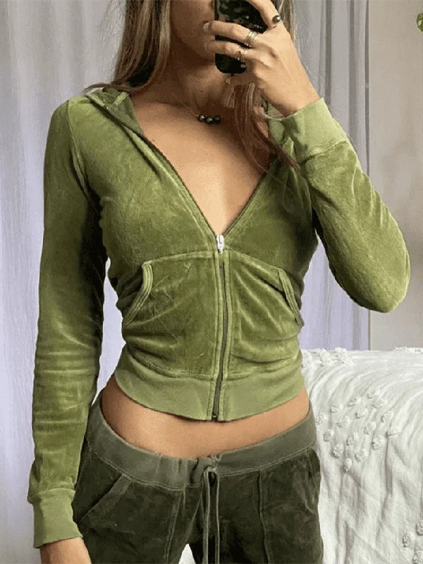 Velvet Zip Up Hoodie Hoodie with Hem Patch Decorative Personalized
