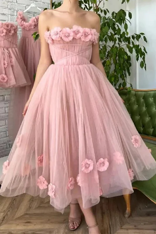 A Line Tea Length Pink Floral Prom Dresses, Formal School Party Dresses DM1992 Tunics Summer linen