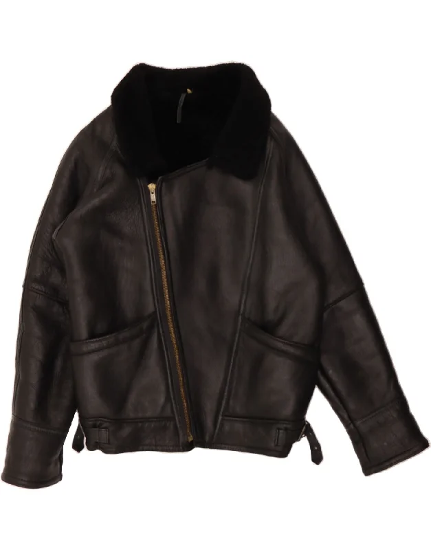 VINTAGE Womens Oversized Shearling Jacket IT 42 Medium Black Sheepskin Boat Neck Shawl Collar Notched Collar
