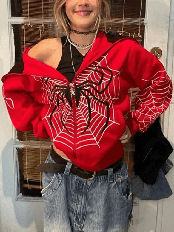 Spider Print Zip-Up Hoodie Hoodie with Set-In Sleeves Structured Classic