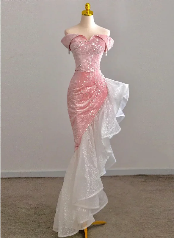 Lovely Pink Sequins Velvet High Low Prom Dress, Pink Mermaid Off the Shoulder Party Dress Tunics Fashionable trendy Lovely Pink Sequins Velvet High Low Prom Dress, Pink Mermaid Off the Shoulder Party Dress Tunics Fashionable trendy