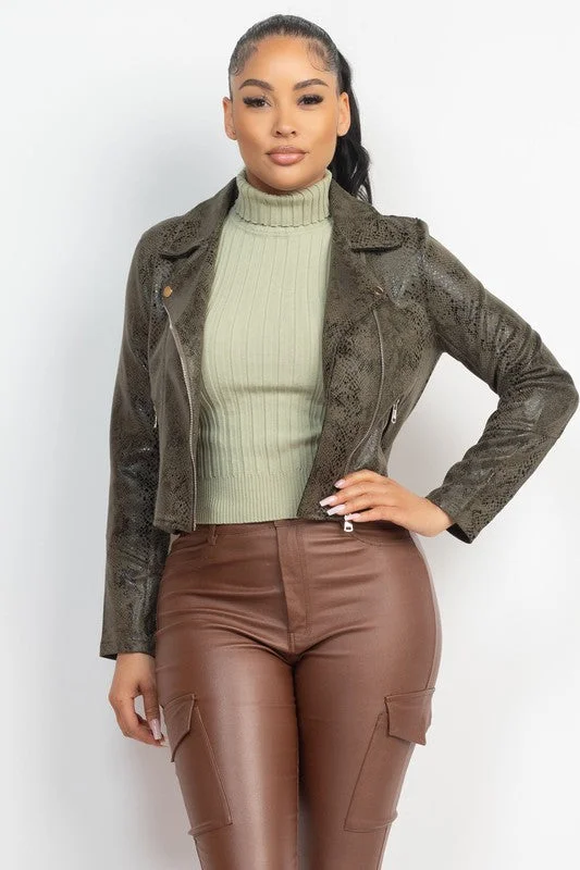 Snake Print Collared Moto  Jacket Faux Fur Jacket Real Fur Jacket Shearling Jacket