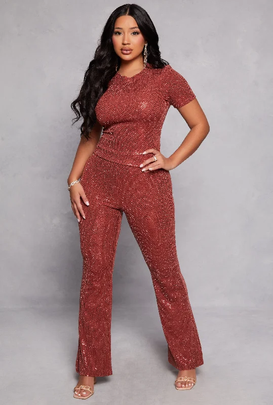 Foiled Lurex High Waisted Flared Leg Pants Comfortable Jogger Trousers