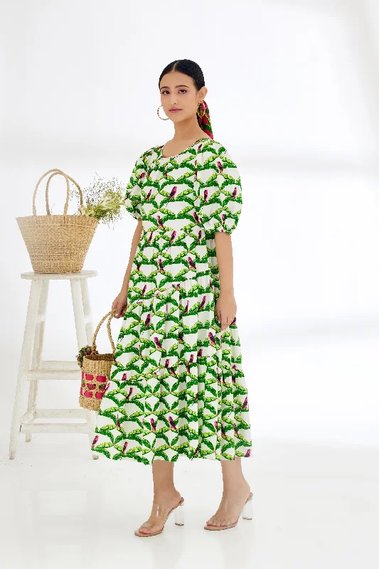 Off-White Hand Painted Parakeet Print bubble sleeve Tier Dress Tunics Mesh breathable