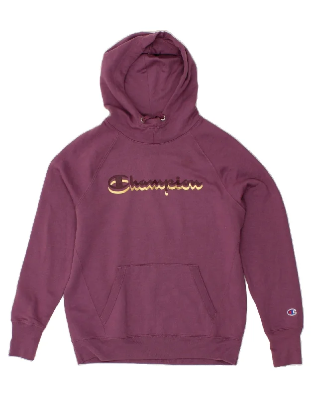 CHAMPION Womens Oversized Graphic Hoodie Jumper UK 10 Small Purple Hoodie with Logo Branding Identity CHAMPION Womens Oversized Graphic Hoodie Jumper UK 10 Small Purple Hoodie with Logo Branding Identity