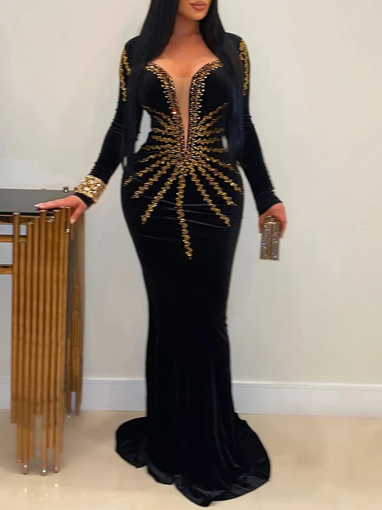 Elegant Diamonds Velvet Long Party Dress for Women Sexy Deep V Evening Gown Formal Black Slim Dress Robe Tunics Lace romantic Elegant Diamonds Velvet Long Party Dress for Women Sexy Deep V Evening Gown Formal Black Slim Dress Robe Tunics Lace romantic