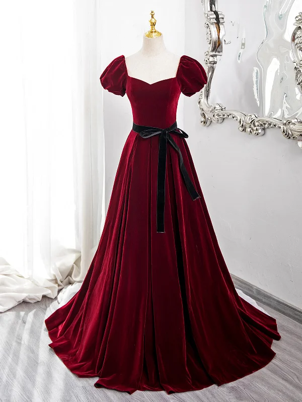 Wine Red Velvet Short Sleeves A-line Prom Dress, Wine Red Long Party Dress Tunics Custom made Wine Red Velvet Short Sleeves A-line Prom Dress, Wine Red Long Party Dress Tunics Custom made