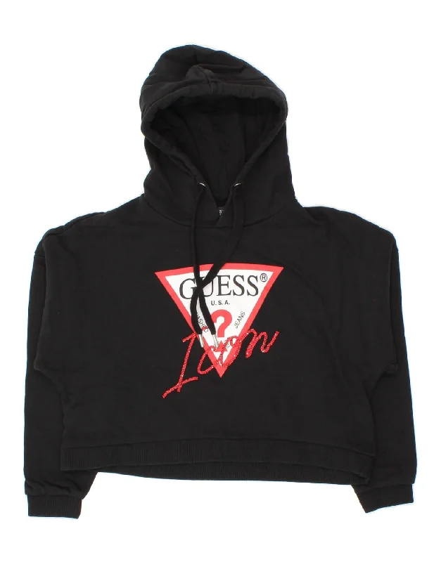 GUESS Womens Oversized Crop Graphic Hoodie Jumper UK 6 XS Black Cotton Hoodie with Full-Zip Functional Layering GUESS Womens Oversized Crop Graphic Hoodie Jumper UK 6 XS Black Cotton Hoodie with Full-Zip Functional Layering