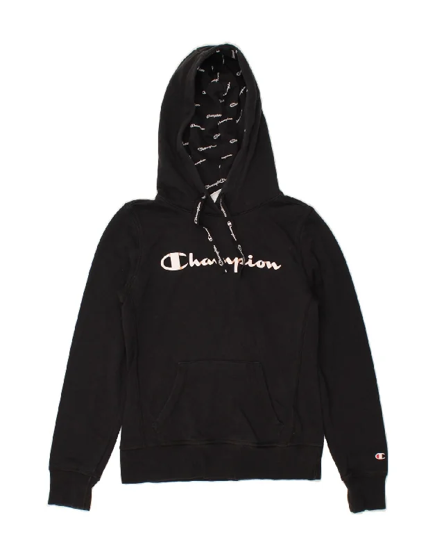 CHAMPION Womens Graphic Hoodie Jumper UK 10 Small Black Cotton Hooded Sweatshirt Casual Wear Street Style CHAMPION Womens Graphic Hoodie Jumper UK 10 Small Black Cotton Hooded Sweatshirt Casual Wear Street Style