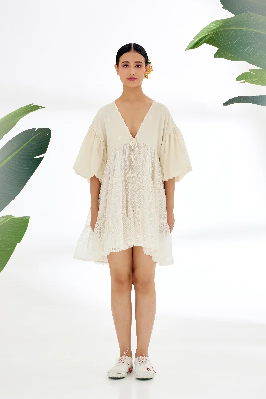 Cream Hand woven Polka Dot Jamdani Tier Dress Tunics Distressed trendy