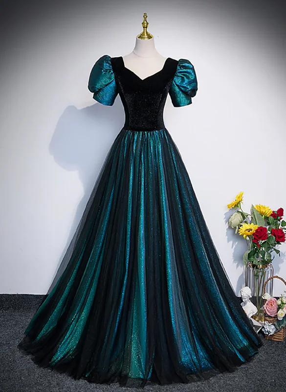 A-line Velvet and Tulle Long Prom Dress, Short Sleeve Party Dress Formal Dress Sequined Elegant Party A-line Velvet and Tulle Long Prom Dress, Short Sleeve Party Dress Formal Dress Sequined Elegant Party