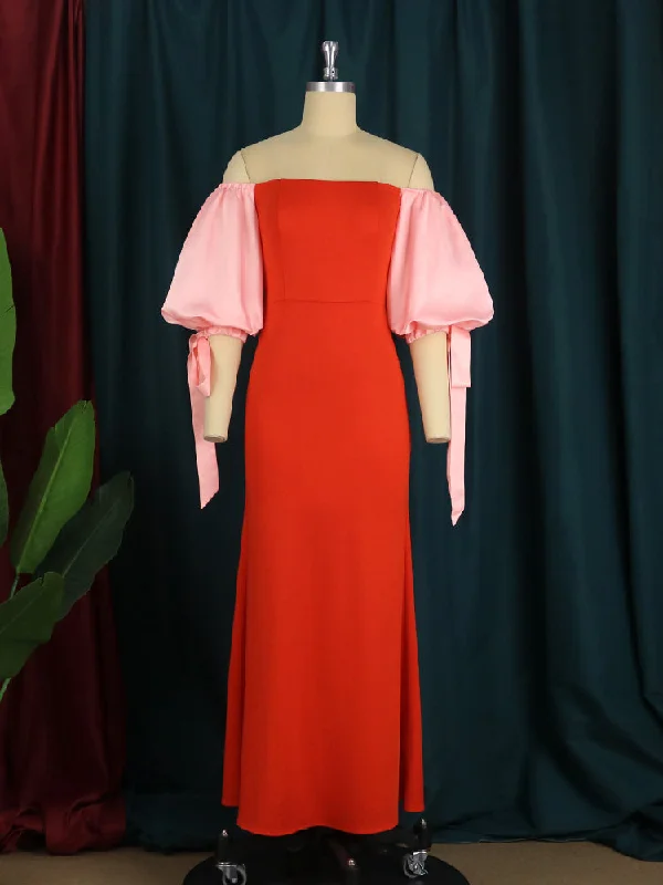Off Shoulde Puff Sleeves Ribbon Up Long Party Dress Satin Halter Glamorous