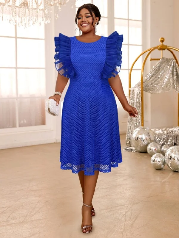 AOMEIDRESS Blue Mesh Party Dress O Neck Ruffles Fish Net A Line Crew Neckline Casual AOMEIDRESS Blue Mesh Party Dress O Neck Ruffles Fish Net A Line Crew Neckline Casual