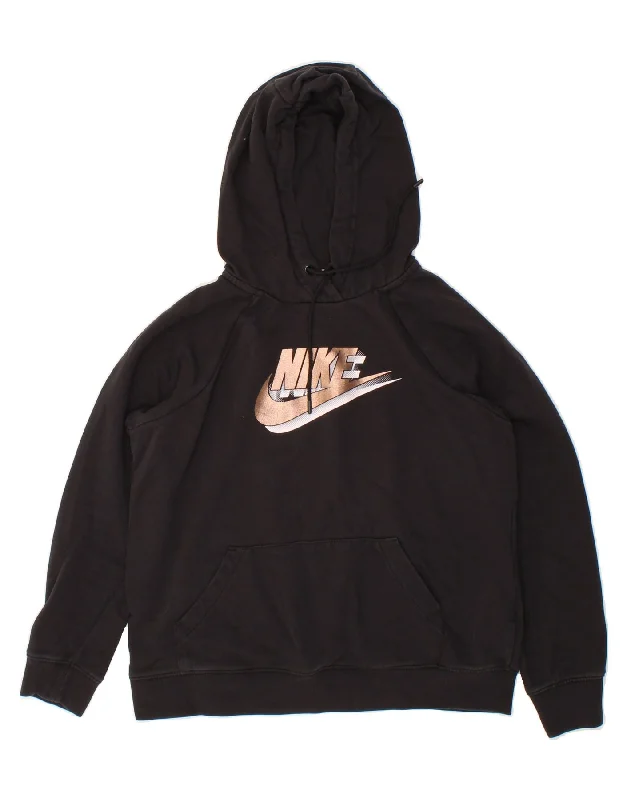 NIKE Womens Graphic Hoodie Jumper UK 14 Medium Black Cotton Hoodie with Hood Adjustable Protection