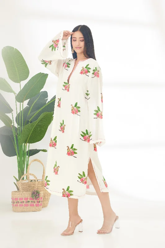 Off-White Hand Painted Cheetah Print Kaftan Dress Crew Neckline Casual