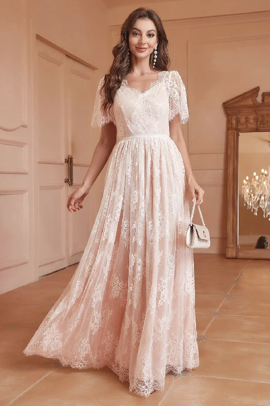 White A-Line Short Sleeves Lace Long Party Dress Square Neckline Feminine