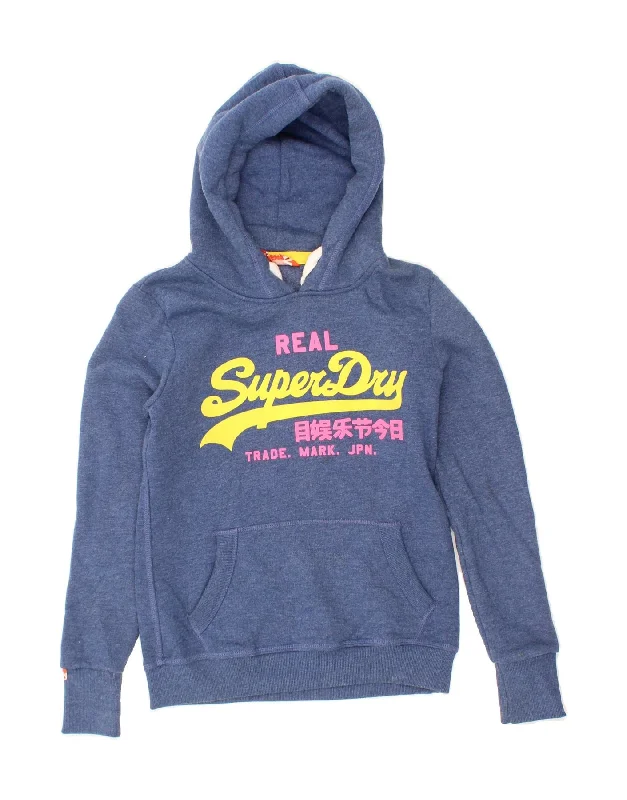 SUPERDRY Womens Graphic Hoodie Jumper UK 10 Small Blue Cotton Hoodie with Hem Contrast Bold Stylish SUPERDRY Womens Graphic Hoodie Jumper UK 10 Small Blue Cotton Hoodie with Hem Contrast Bold Stylish
