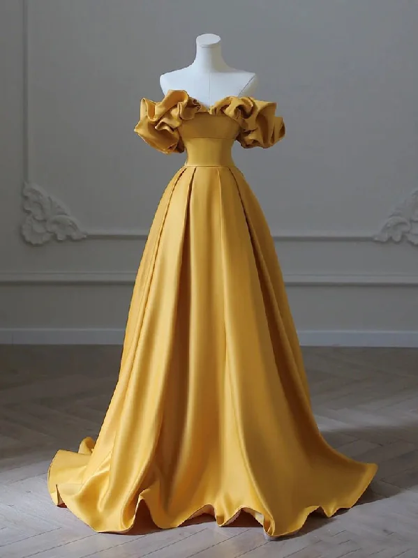 Satin Yellow Long Prom Dress, Aline Formal Yellow Graduation Party Dress Turtleneck Warm Winter Satin Yellow Long Prom Dress, Aline Formal Yellow Graduation Party Dress Turtleneck Warm Winter