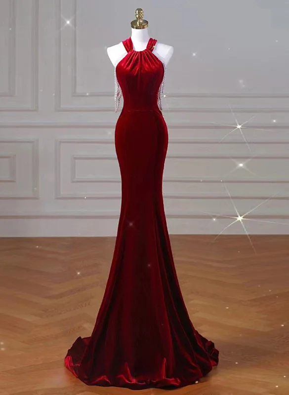 Wine Red Halter Backless Velvet Mermaid Party Dress, Wine Red Evening Dress Prom Dress Satin Halter Glamorous Wine Red Halter Backless Velvet Mermaid Party Dress, Wine Red Evening Dress Prom Dress Satin Halter Glamorous