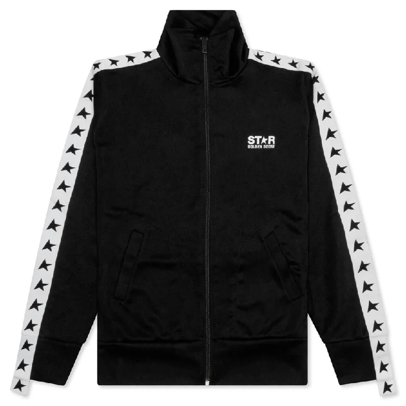 Women's Star Zipped Track Jacket - Black Front Pockets Side Pockets Patch Pockets
