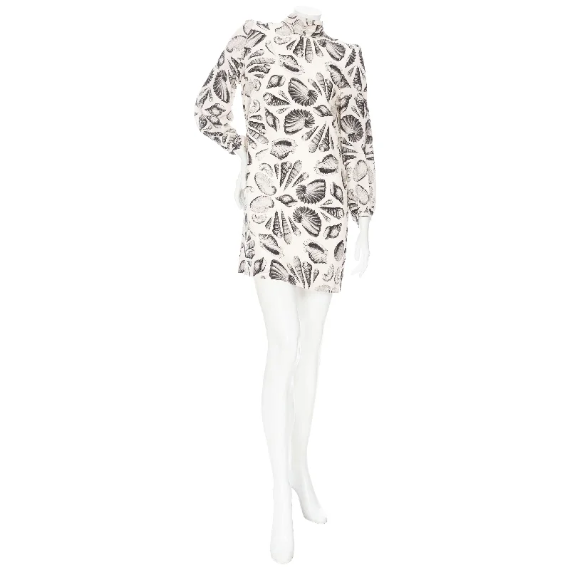 Ivory and Black Crêpe de Chine Seashell Print Scarf-Tie Dress empire Waist empire