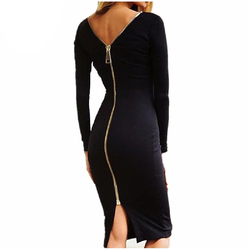Bodycon Sheath Dress Little Black Long Sleeve Party Dresses Women Clothing Back Full Zipper Robe Sexy Femme Pencil Tight Dress Tunics Recommended stylist
