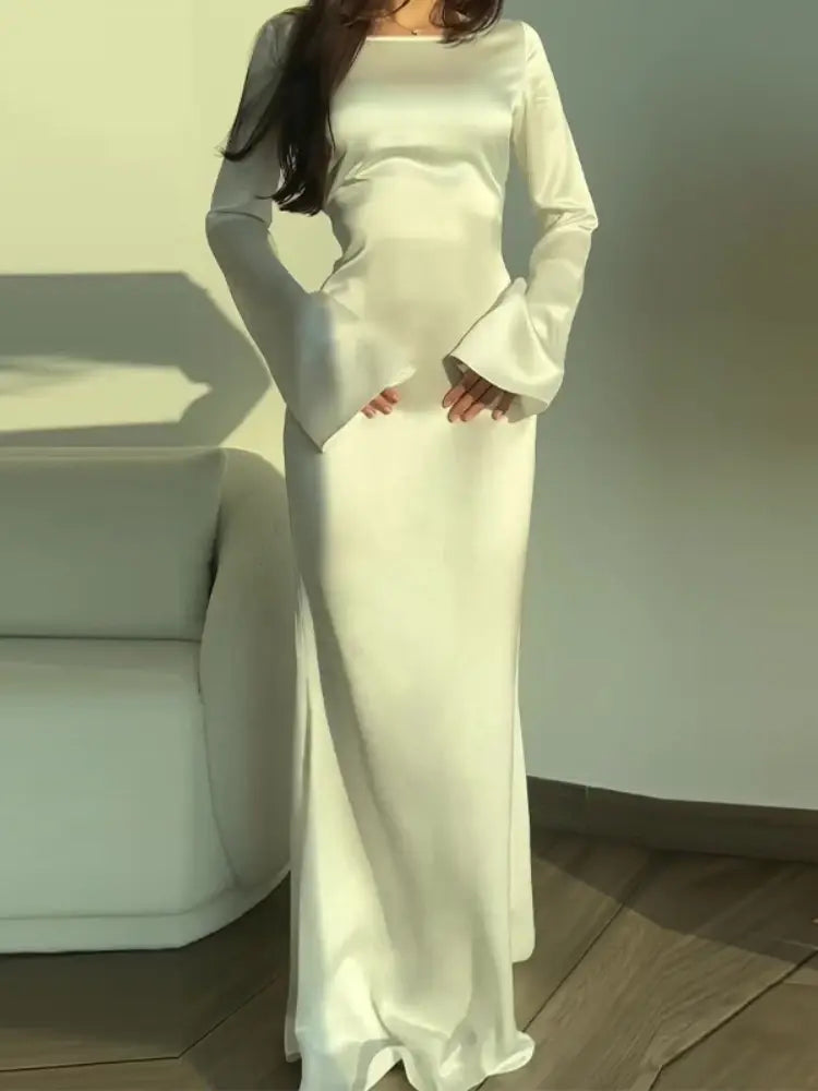 Vireous Elegant Satin Evening Party Dress, Bell Sleeves Tunics Solid Classic