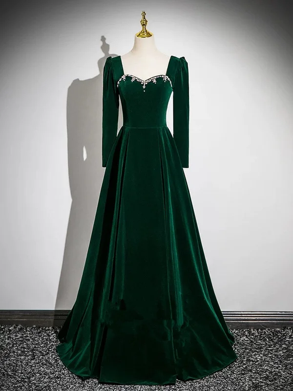 Simple Long Sleeves A-line Green Beaded Prom Dress, Green Velvet Party Dress Tunics Modern contemporary Simple Long Sleeves A-line Green Beaded Prom Dress, Green Velvet Party Dress Tunics Modern contemporary
