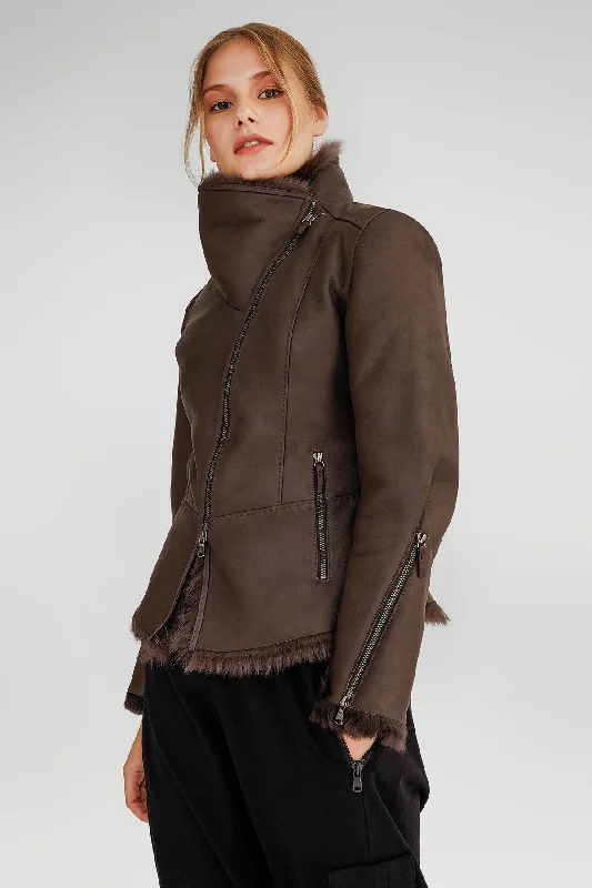 Gwen - Brown Anthracite Shearling Jacket Plaid Jacket Tartan Jacket Houndstooth Jacket