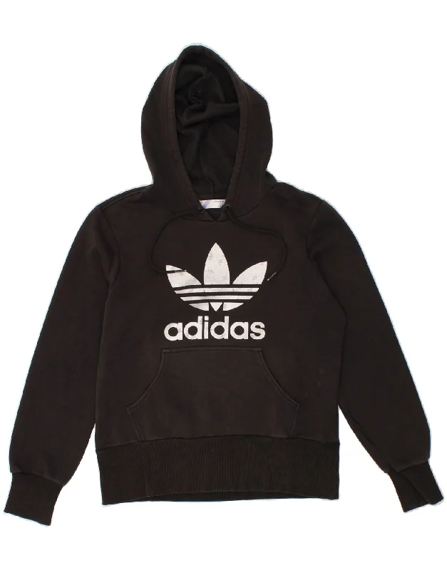 ADIDAS Womens Graphic Hoodie Jumper IT 42 Medium Black Cotton Hoodie with Hem Applique Textured Unique ADIDAS Womens Graphic Hoodie Jumper IT 42 Medium Black Cotton Hoodie with Hem Applique Textured Unique
