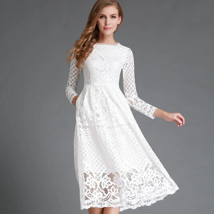 Autumn Fashion Hollow Out Elegant White Lace Elegant Party Dress High Quality Women Long Sleeve Casual Dresses H016 Tunics Top rated