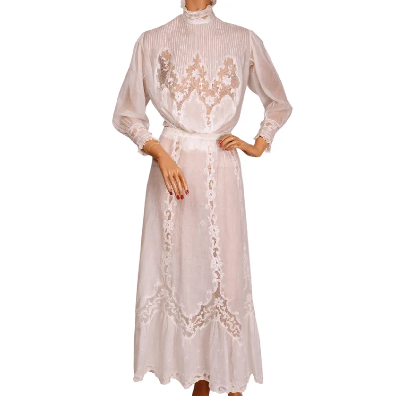 Antique Edwardian White Lawn Cotton & Lace Garden Party Dress - 2 Piece Outfit Tunics Spring floral Antique Edwardian White Lawn Cotton & Lace Garden Party Dress - 2 Piece Outfit Tunics Spring floral