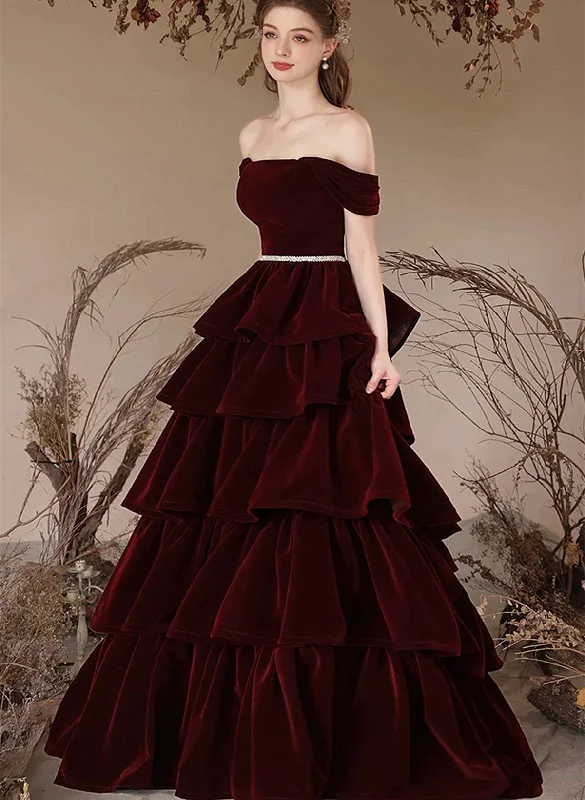 Wine Red Layers Velvet Off Shoulder Prom Dress, Wine Red Party Dress Tunics Chic fashionable Wine Red Layers Velvet Off Shoulder Prom Dress, Wine Red Party Dress Tunics Chic fashionable