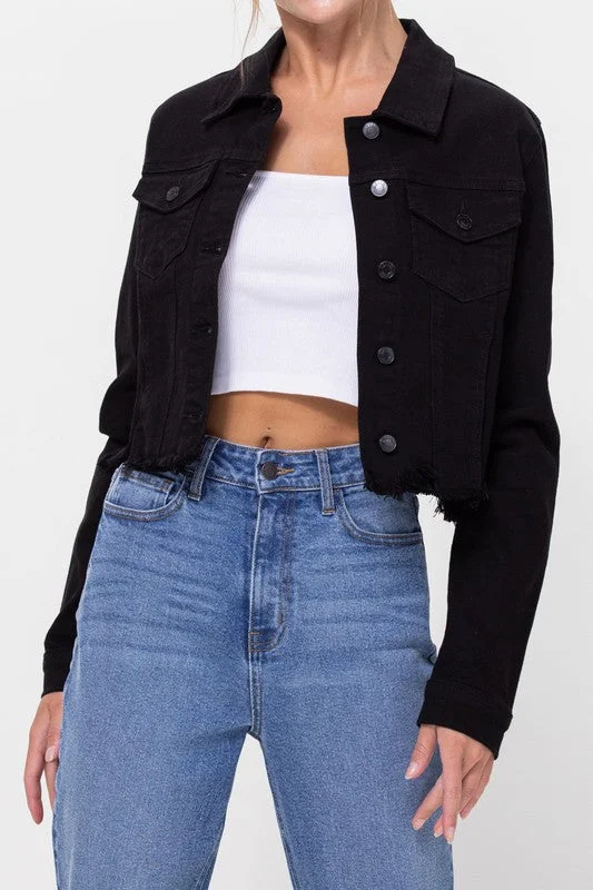 Uneven Fray Hem Denim Jacket Bomber Jacket Anorak Windbreaker