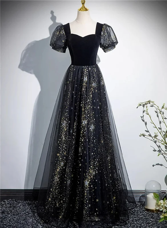 A-line Black Tulle and Velvet Long Party Dress, Black Prom Dress Tunics Essential wardrobe A-line Black Tulle and Velvet Long Party Dress, Black Prom Dress Tunics Essential wardrobe