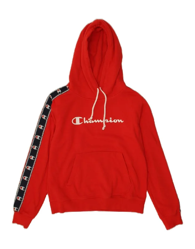 CHAMPION Womens Graphic Hoodie Jumper UK 10 Small Red Colourblock Cotton Hoodie with Front Slit Layering Stylish CHAMPION Womens Graphic Hoodie Jumper UK 10 Small Red Colourblock Cotton Hoodie with Front Slit Layering Stylish