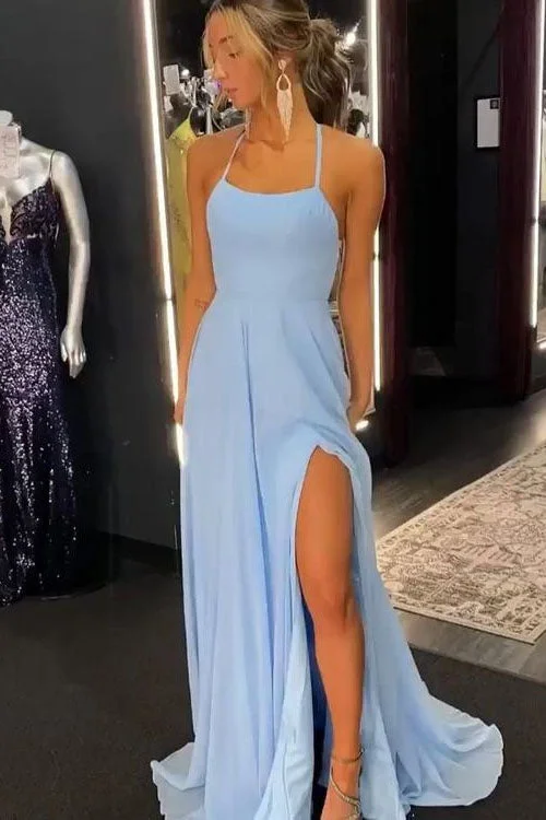 Sky Blue Chiffon Prom Dresses Halter Sheath Long Evening Party Dress DM1937 Tunics Gym athletic