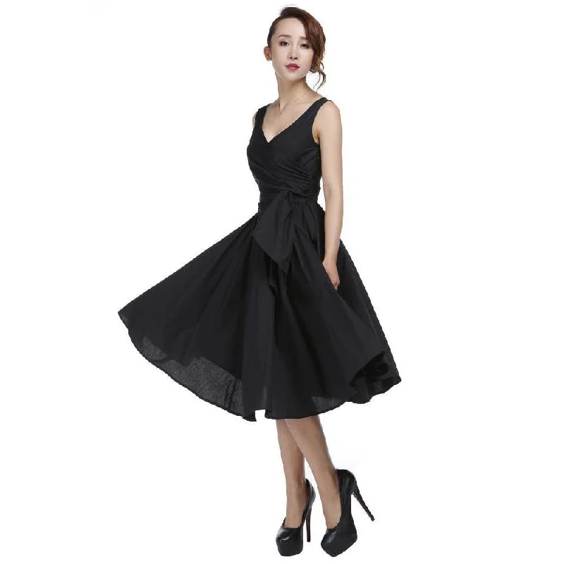 Sally Wrap-Front Sleeveless Swing Dress in Black Tunics Occasion special