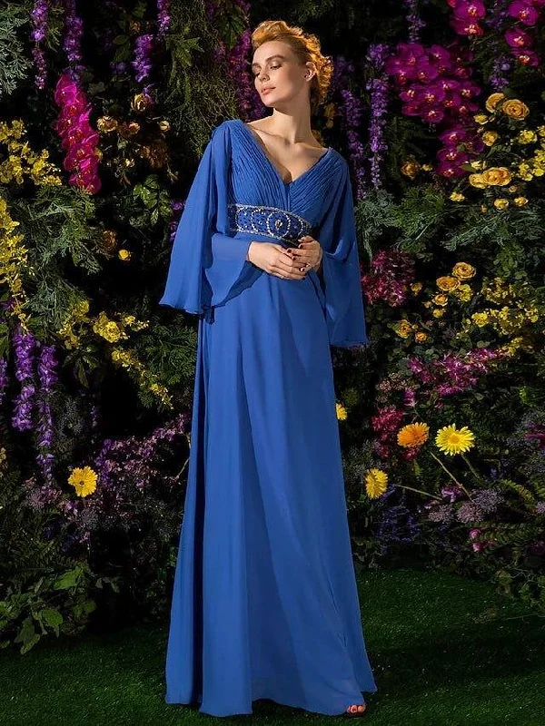 A-Line Mother of the Bride Dress Vintage Inspired V Neck Floor Length Chiffon Long Sleeve with Crystals Beading Side Draping 2022 / Bell Sleeve A-Line Mother of the Bride Dress Vintage Inspired V Neck Floor Length Chiffon Long Sleeve with Crystals Beading Side Draping 2022 / Bell Sleeve