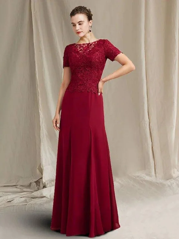 Mermaid / Trumpet Mother of the Bride Dress Elegant Jewel Neck Floor Length Chiffon Lace Short Sleeve with Pleats Appliques