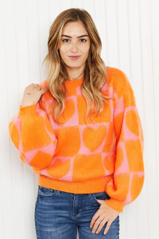 Change of Heart Heart Print Sweater Welt Pockets Slit Pockets Flap Pockets