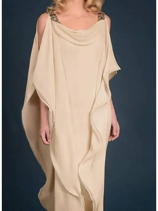 Sheath / Column Mother of the Bride Dress Elegant Jewel Neck Floor Length Chiffon Satin Half Sleeve with Beading Cascading Ruffles Sheath / Column Mother of the Bride Dress Elegant Jewel Neck Floor Length Chiffon Satin Half Sleeve with Beading Cascading Ruffles