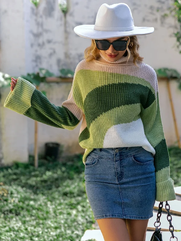 Color Block Cuffed Sleeve Rib-Knit Turtleneck Sweater Denim Fabric Leather Fabric Suede Fabric Color Block Cuffed Sleeve Rib-Knit Turtleneck Sweater Denim Fabric Leather Fabric Suede Fabric