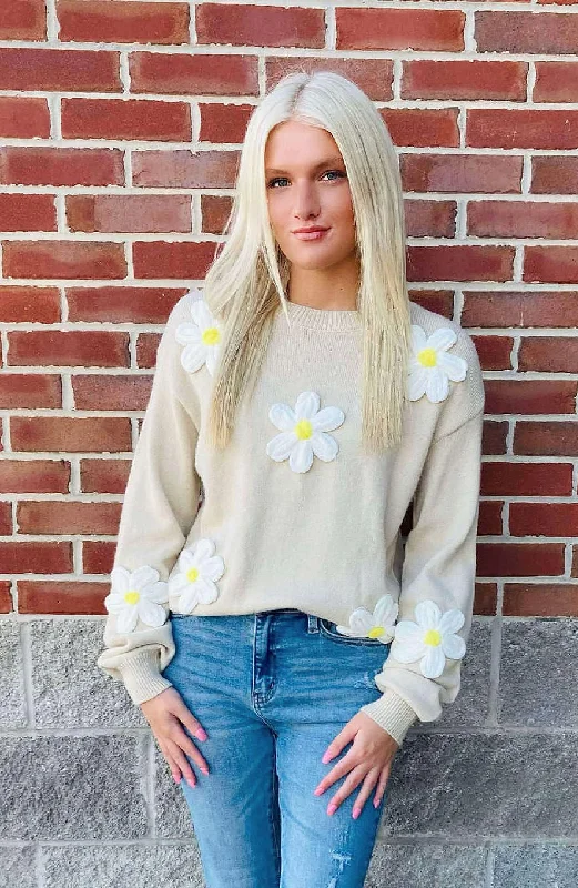 Cream Sweater with Woven Flowers Toggled Drawstring Belted
